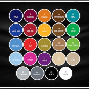 May include: A colour chart featuring 24 numbered colour swatches in circles. The colours include navy, maroon, orange, dark brown, teal, royal blue, red, gold, medium brown, green, light blue, fuchsia, purple, tan, khaki, light grey, dark grey, black, and white.