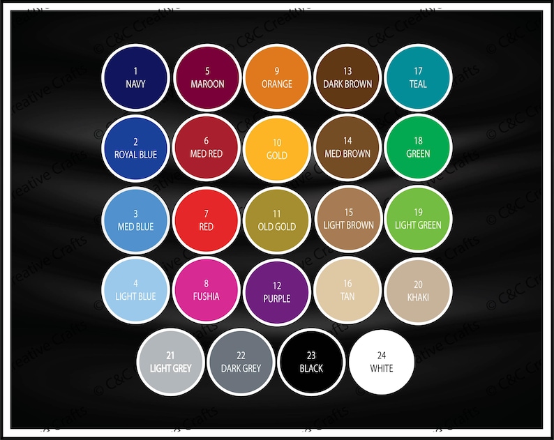 May include: A colour chart featuring 24 numbered colour swatches in circles. The colours include navy, maroon, orange, dark brown, teal, royal blue, red, gold, medium brown, green, light blue, fuchsia, purple, tan, khaki, light grey, dark grey, black, and white.