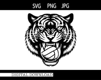 May include: Black and white illustration of a tiger's head with a volleyball in its mouth. The tiger is snarling with its teeth bared.