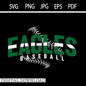 Peut inclure: Logo d'équipe de baseball vert et blanc avec le mot "Eagles" et le texte "Baseball" en dessous. Le logo présente un design de point de suture de baseball stylisé.