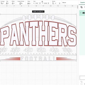 May include: A digital design for a football-themed graphic. The word "PANTHERS" is displayed in bold, outlined letters above a football field design. The design includes yard lines and the word "FOOTBALL". The image is 25.43 cm by 16.36 cm.