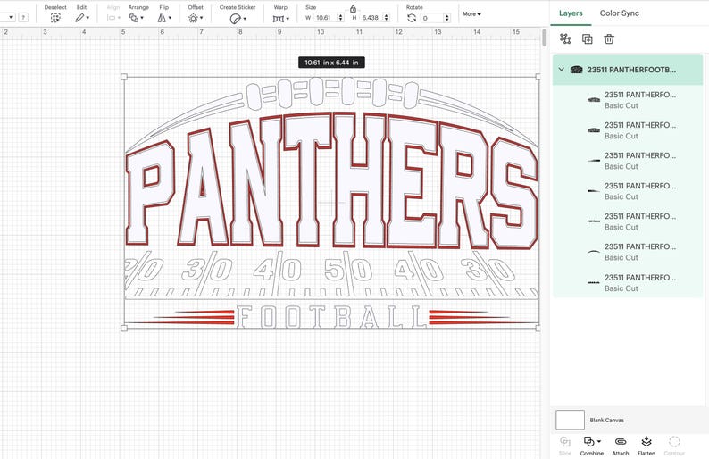 May include: A digital design for a football-themed graphic. The word "PANTHERS" is displayed in bold, outlined letters above a football field design. The design includes yard lines and the word "FOOTBALL". The image is 25.43 cm by 16.36 cm.