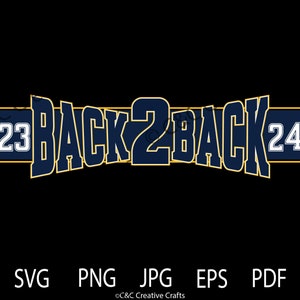 以下が含まれることがあります： 黄色の輪郭で白く「BACK 2 BACK」と書かれた紺色のグラフィック。テキストの両側に、黒色の輪郭で白く「23」と「24」の数字が書かれている。
