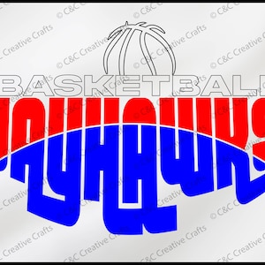 May include: A red and blue basketball design with the word "JAYHAWKS" in a stylized font. The word "BASKETBALL" is above the team name.