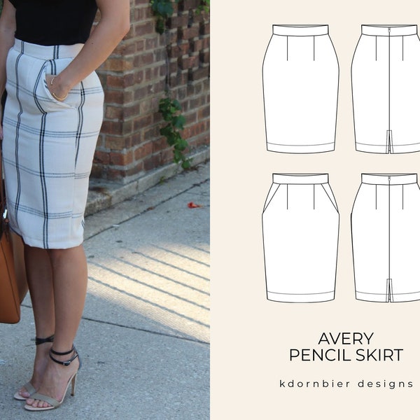 Patron de couture et tutoriel PDF de jupe crayon Avery, tailles 0-24