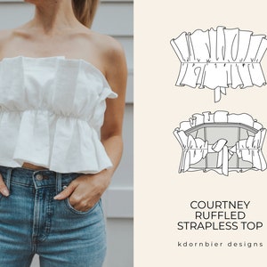 Courtney Ruffled Strapless Top PDF Sewing Pattern and Tutorial, Sizes 0-24