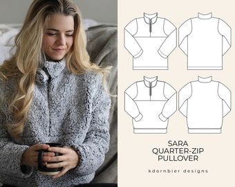 Sara Quarter-Zip Pullover PDF Sewing Pattern and Tutorial, Sizes 0-24