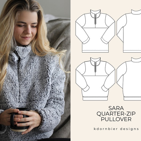 Tutorial y patrón de costura en PDF para jersey Sara con cremallera de un cuarto, tallas 0-24