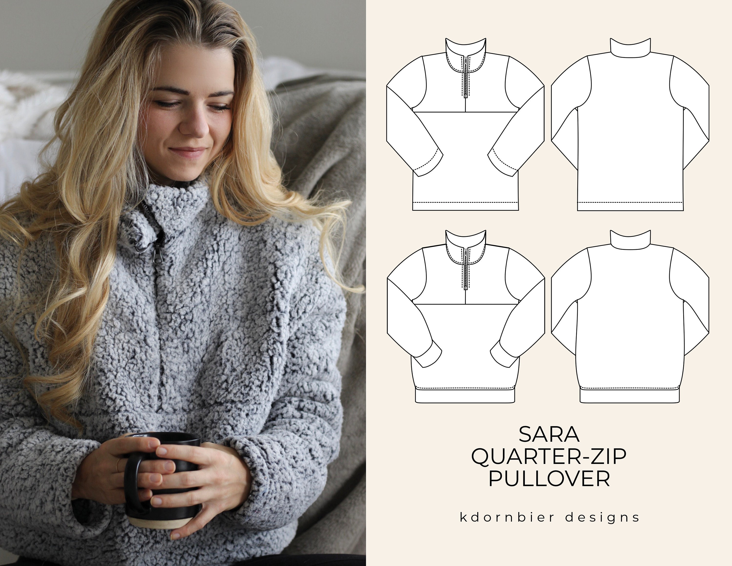 Sara Quarter-zip Pullover PDF Sewing Pattern and Tutorial, Sizes 0