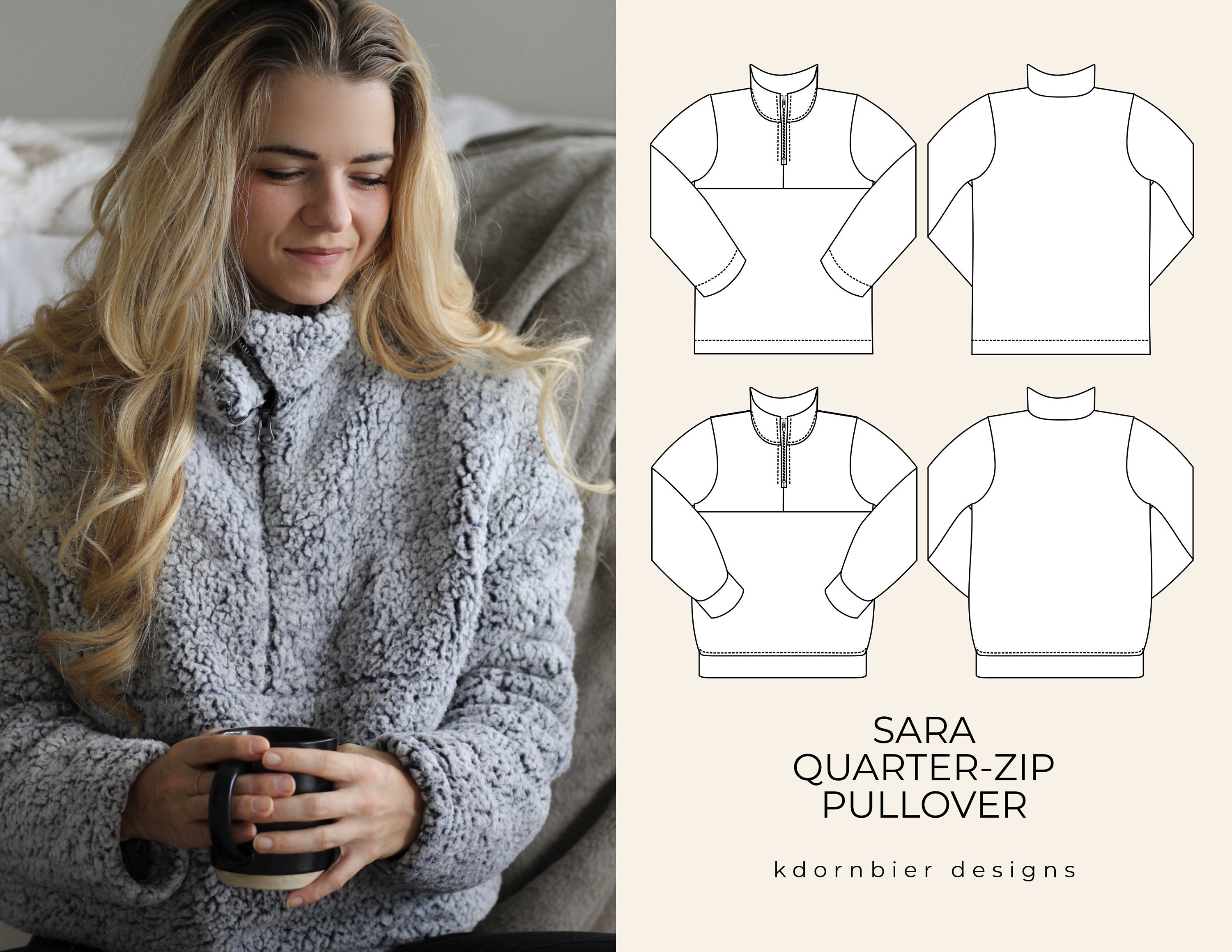 Sara Quarter-zip Pullover PDF Sewing Pattern and Tutorial, Sizes 0-24 