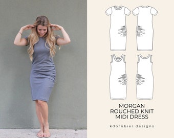 Morgan Rouched Knit Midi Dress PDF Sewing Pattern and Tutorial, Sizes 0-24