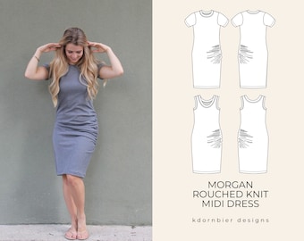 Morgan Rouched Knit Midi Dress PDF Sewing Pattern and Tutorial, Sizes 0-24