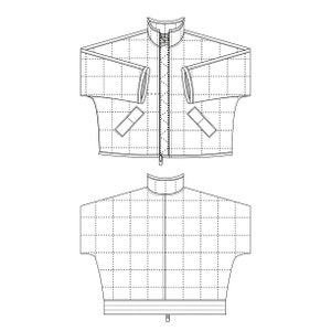 May include: A black and white line drawing of a quilted jacket with a zipper closure. The jacket has a stand-up collar and long sleeves. The drawing shows the front and back views of the jacket.