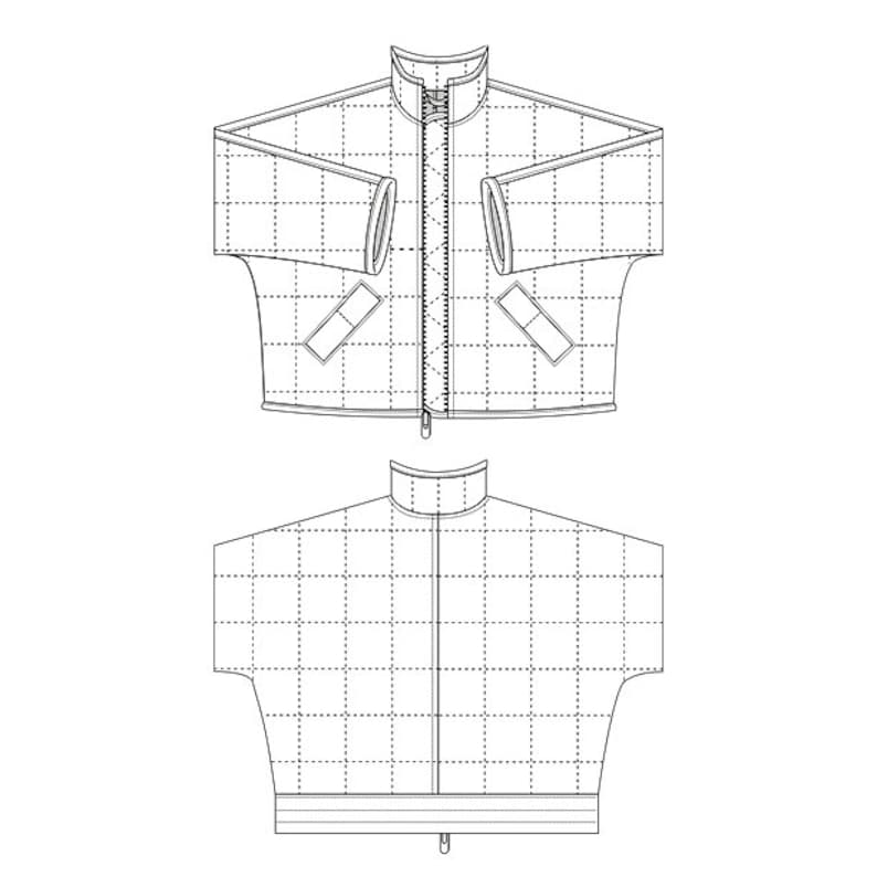 May include: A black and white line drawing of a quilted jacket with a zipper closure. The jacket has a stand-up collar and long sleeves. The drawing shows the front and back views of the jacket.