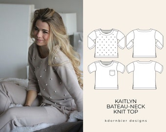 Kaitlyn Bateau-Neck Knit Top PDF Sewing Pattern and Tutorial, Sizes 0-24