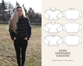 Mara Cowl Neck, Turtleneck, Crew Sweater PDF Sewing Pattern and Tutorial, Sizes XS-XXL