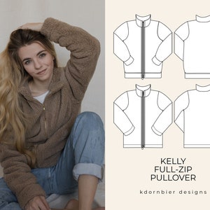 May include: A brown fleece pullover with a full-zip closure. The pattern includes a line drawing of the pullover with the text "KELLY FULL-ZIP PULLOVER kdorbier designs".
