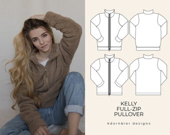 Kelly Fully-Lined Full-Zip Pullover PDF Sewing Pattern and Tutorial, Sizes 0-24