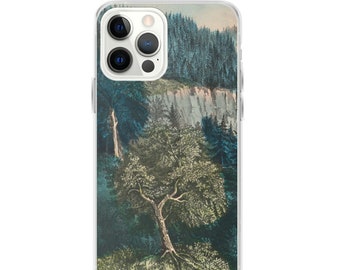 Historic Tree Illustration Clear Case for iPhone 15 Pro Case, Forest and mountains Artistic iPhone 12 13 14 Pro Max Green Trees Camping Gift