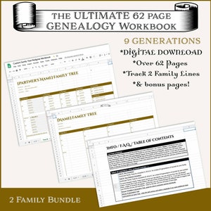 ULTIMATE 62 pg. Family History Pedigree Chart -partner bundle with bonus 8 generation ancestry chart-Google Spreadsheets Excel Workbooks