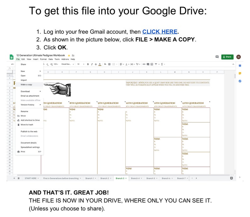 ULTIMATE 12 GENERATION Family History Pedigree Chart new and improved 71 pages with bonus ancestry charts as Google Spreadsheets Workbook image 6