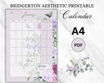 Bridgerton aesthetic, calendar, printable, downloadable, pastel, floral, planner