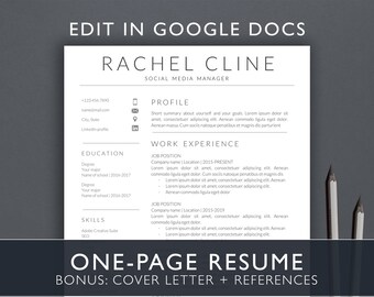 One-Page Google Docs Resume Template, Google Docs Resume Template Instant Download, Google Docs CV Template, Resume Template Google Docs, RC