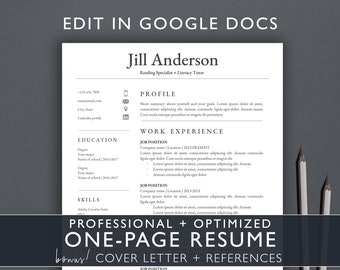 One-Page Google Docs Resume Template, Google Docs Resume Template Instant Download, Cover Letter, References, Resume Template Google Doc, JA
