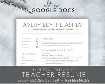 One-Page Google Docs Resume Template, Teacher Resume, Template Instant Download, Google Docs CV Template, Resume Template Google Docs, ABA