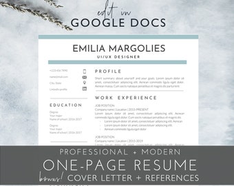 One-Page Google Docs Resume Template, Google Docs Resume Template Instant Download, Google Docs CV Template, Resume Template Google Docs, EM