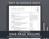 One-Page Resume /Google Docs Resume Template / Instant Download / Professional Resume / Cover Letter / References / GOOGLE DOCS / Modern /AA