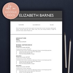 May include: A black and white resume template with the name Elizabeth Barnes at the top. The resume includes contact information, education, and work experience sections.