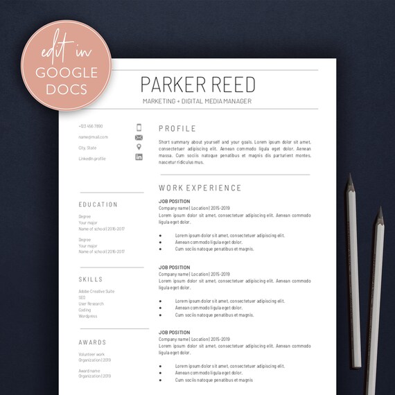 Google Docs Resume Template Instant Download Professional Etsy