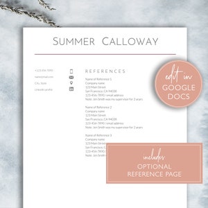 May include: A printable reference page template for a resume. The template is designed to be edited in Google Docs and includes a section for three references. The template has a pink and white color scheme and includes the text "edit in Google Docs" and "includes optional reference page".