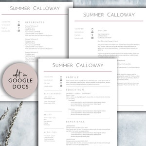 May include: A resume template with a pink and white color scheme. The resume includes sections for references, achievements, skills, activities, education, experience, and a profile. The template is designed to be edited in Google Docs.