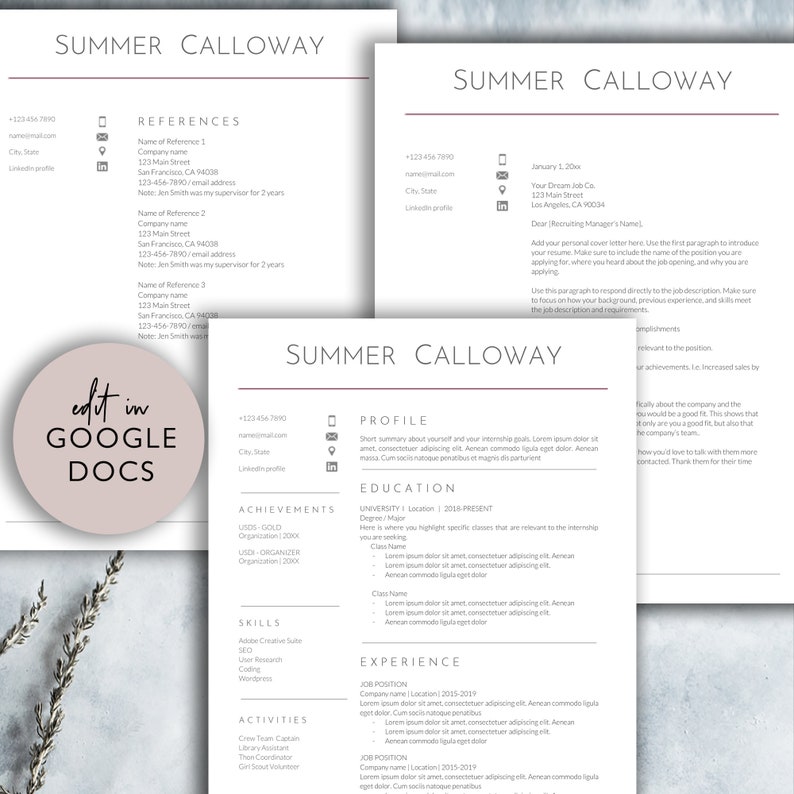 May include: A resume template with a pink and white color scheme. The resume includes sections for references, achievements, skills, activities, education, experience, and a profile. The template is designed to be edited in Google Docs.