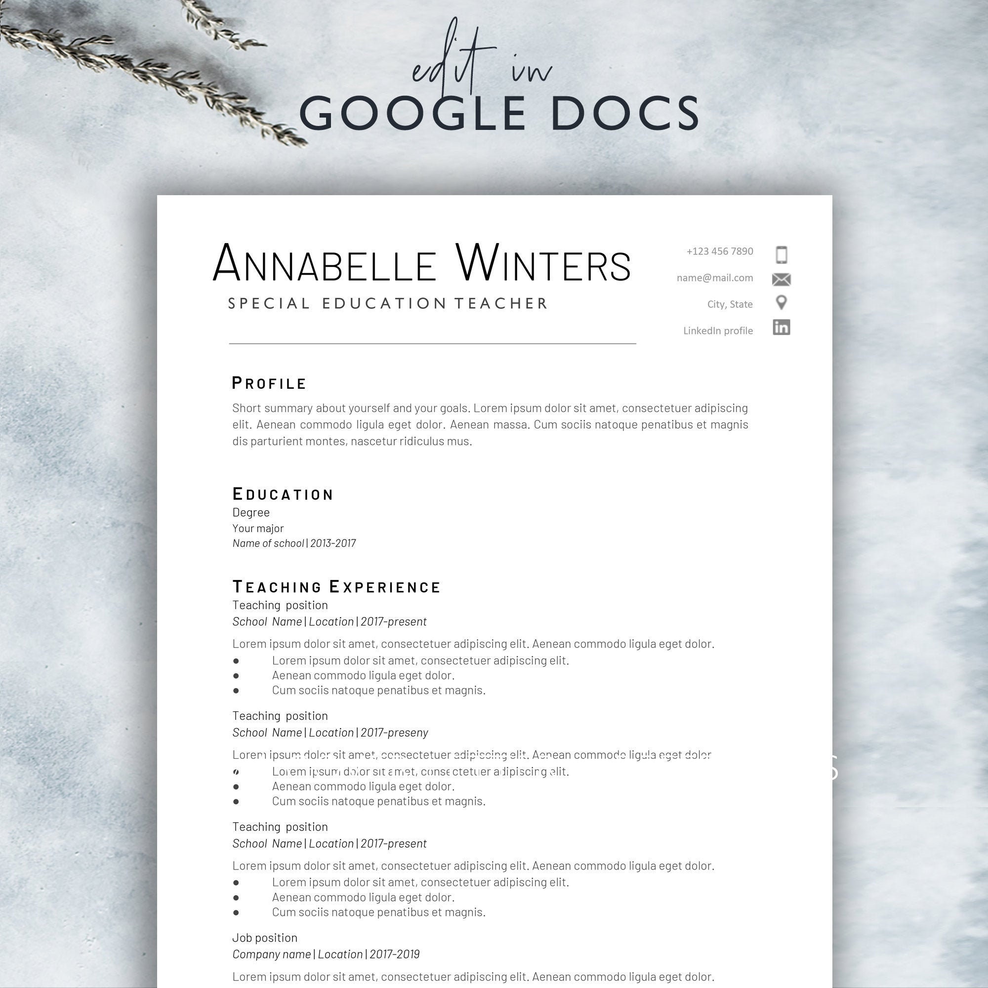 teaching resume template google docs