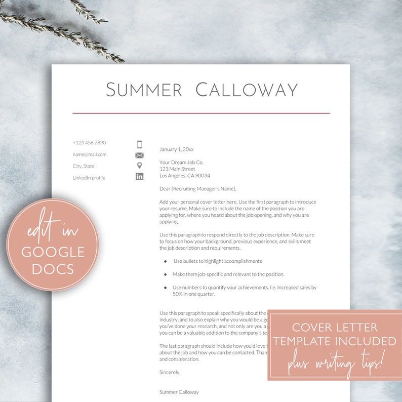 May include: A cover letter template with a pink and white design. The template includes a sample cover letter with tips for writing a cover letter.