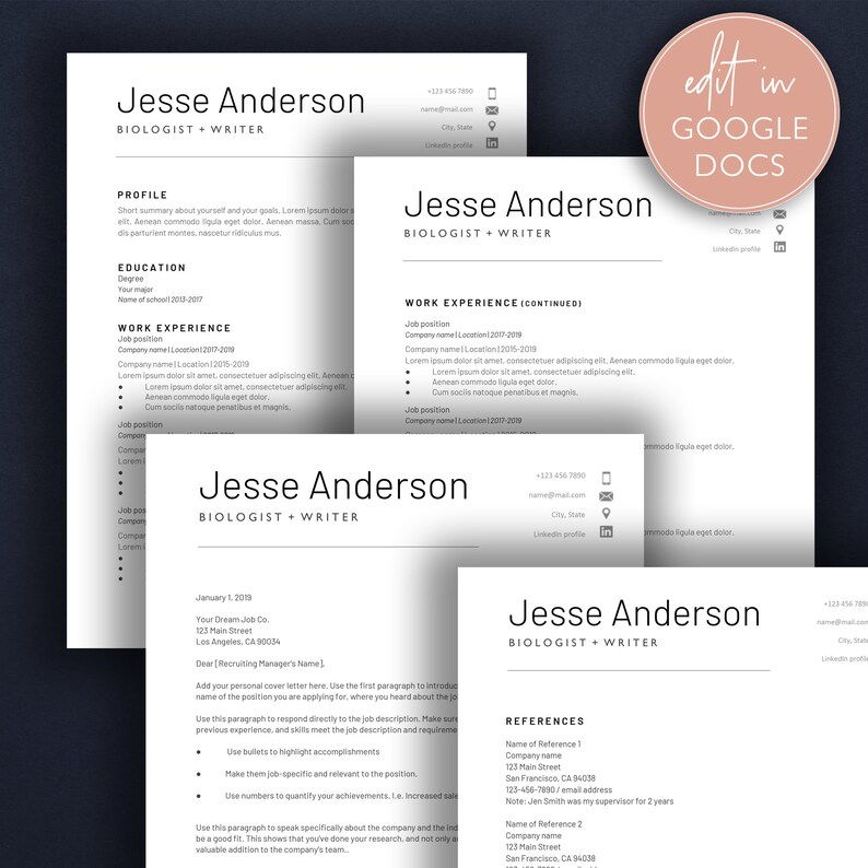 Minimalist / Google Docs Resume Template / Instant Download / Etsy