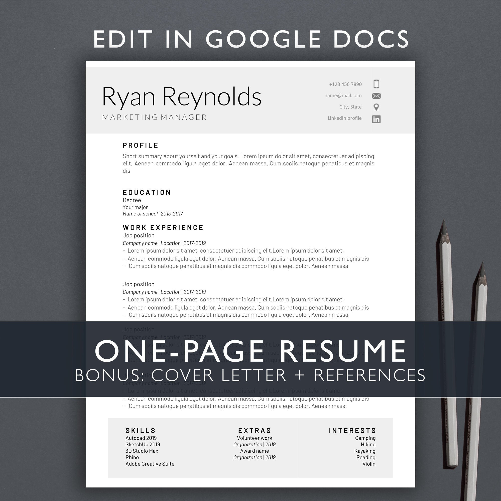 One-page Google Docs Resume Template / Instant Download / Professional