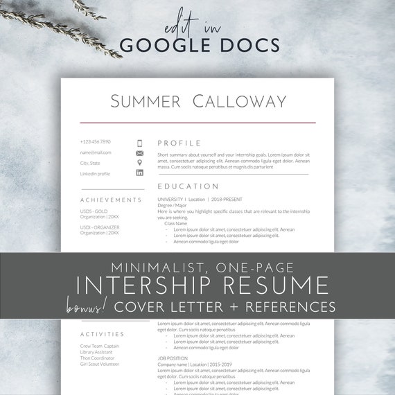 One-Page Google Docs Internship Resume Template, Minimalist Modern Internship Template, Instant Download, SC
