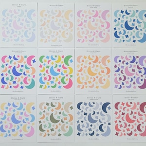 May include: Twelve sheets of stickers featuring crescent moons and diamond shapes in various colors. The stickers are arranged on white backgrounds, with text at the top that reads "Moons & Stars" and "StickerbyKris" at the bottom.