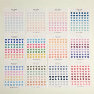 May include: Twelve sheets of mini star stickers in various colors and patterns. Each sheet has 36 stars. The colors include pastel pink, blue, green, yellow, orange, purple, and red. The patterns include ombre, gradient, and solid colors.