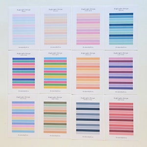 May include: Twelve sheets of colorful highlight strips with different color combinations. Each sheet has the text "Highlight Stripe" and the name of the color combination. The sheets are printed with the text "Stickerely Kris".