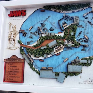Jaws The Ride Map - Universal Studios Florida - Wood Relief Carving - Shadow Box