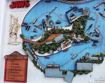 Jaws The Ride Map - Universal Studios Florida - Wood Relief Carving - Shadow Box