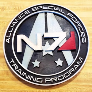 May include: A black, round, wooden sign with a silver border. The sign features the text "Alliance Special Forces Training Program" in a silver font. The center of the sign features a stylized "N7" logo with a red triangle, three white stars, and a silver and white background.