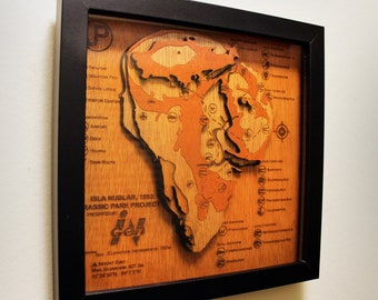 Jurassic Park Topographic Map - Wood Carved - Isla Nublar - Shadow Box