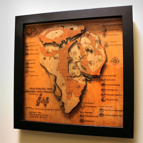 Jurassic Park Topographic Map Wood Carved Isla Nublar Shadow Box 