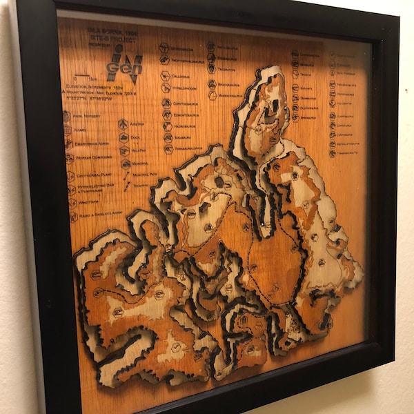 Jurassic Park : The Lost World Topographic Map - Wood-Carved - Isla Sorna - Shadow Box